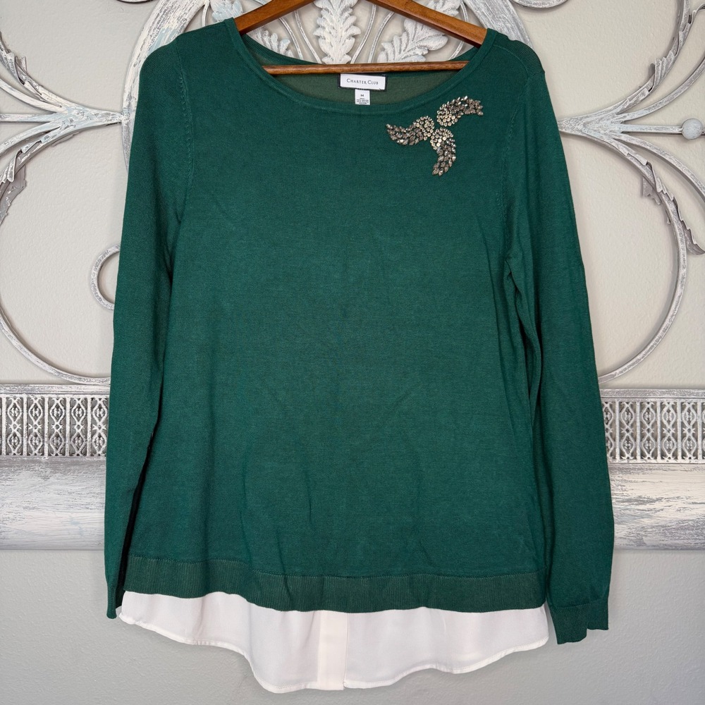 Charter Club Green Layered Look Sweater Rhinestone Embellished Womens Medium EUC